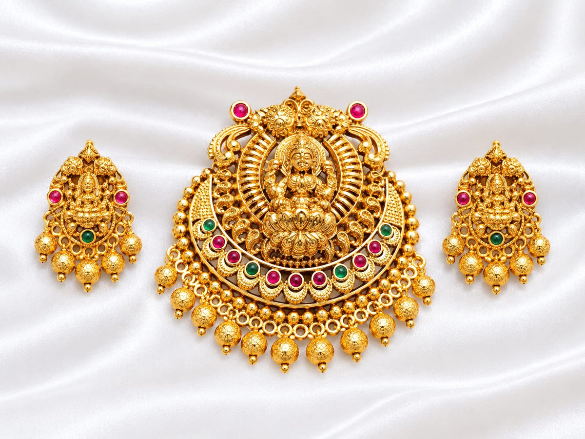 Traditional Antique Gold Lakshmi Pendant Set with Ruby Pink Stones – Temple Jewellery
