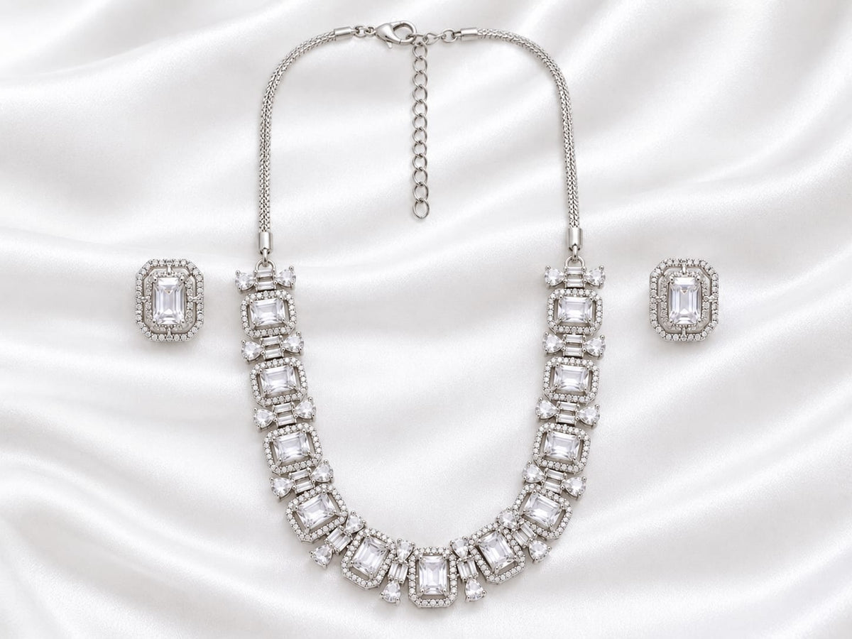 Elegant Silver-Tone White Crystal Necklace and Earrings Jewelry Set