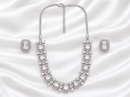 Elegant Silver-Tone White Crystal Necklace and Earrings Jewelry Set