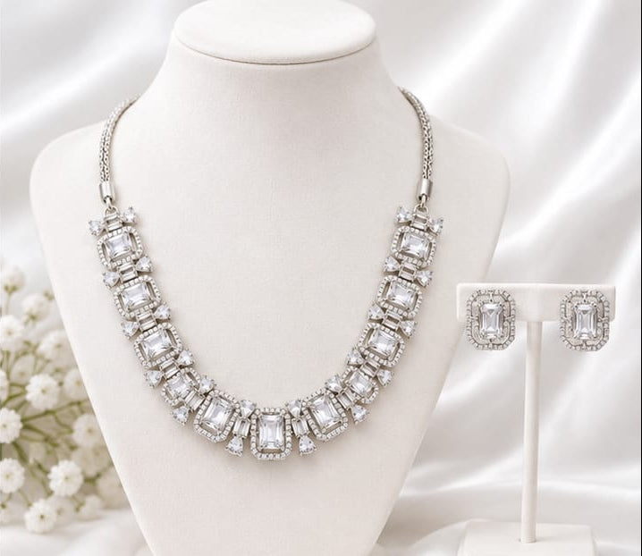 Elegant Silver-Tone White Crystal Necklace and Earrings Jewelry Set