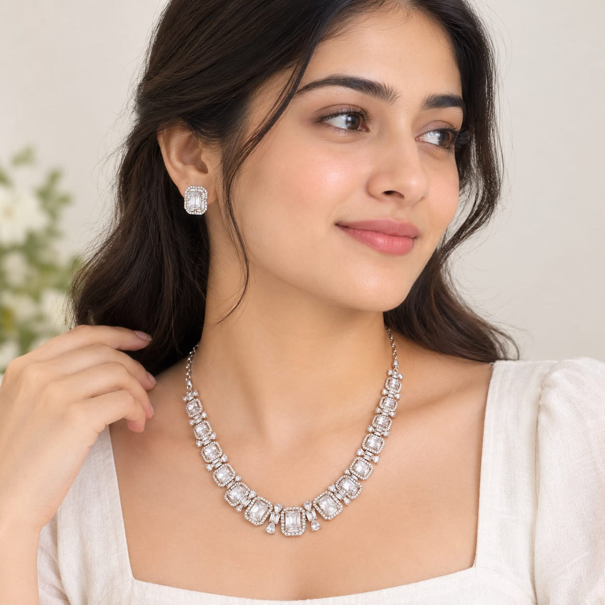 Elegant Silver-Tone White Crystal Necklace and Earrings Jewelry Set