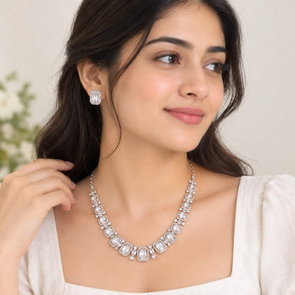 Elegant Silver-Tone White Crystal Necklace and Earrings Jewelry Set