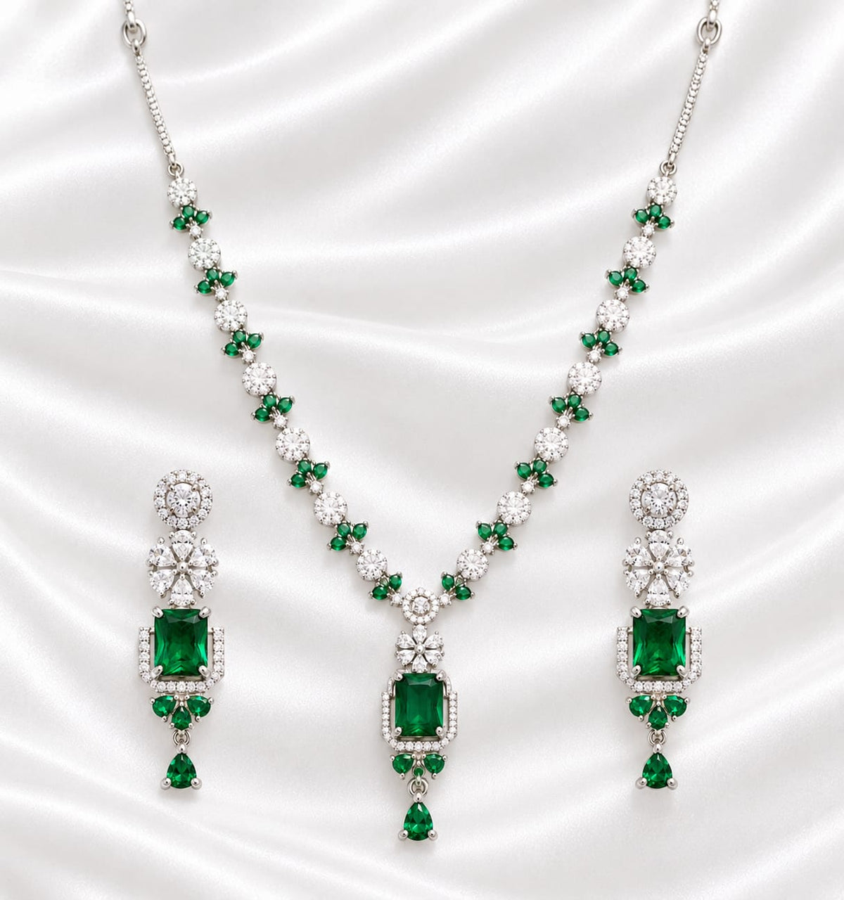 Elegant Silver-Tone Emerald Green Crystal Necklace and Earrings Set