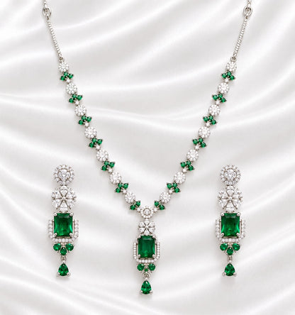 Elegant Silver-Tone Emerald Green Crystal Necklace and Earrings Set