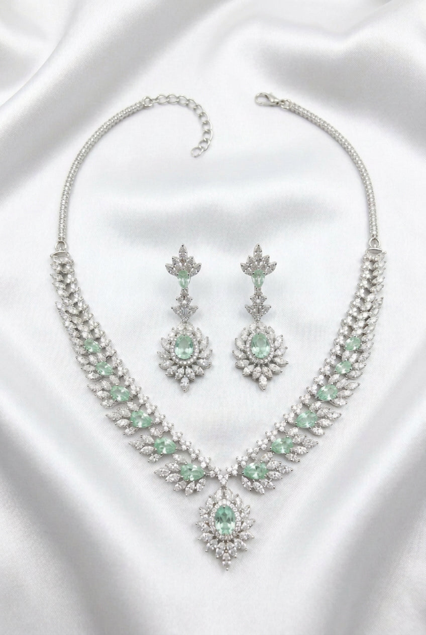 Elegant Silver-Tone Mint Green Crystal Necklace and Earrings Set
