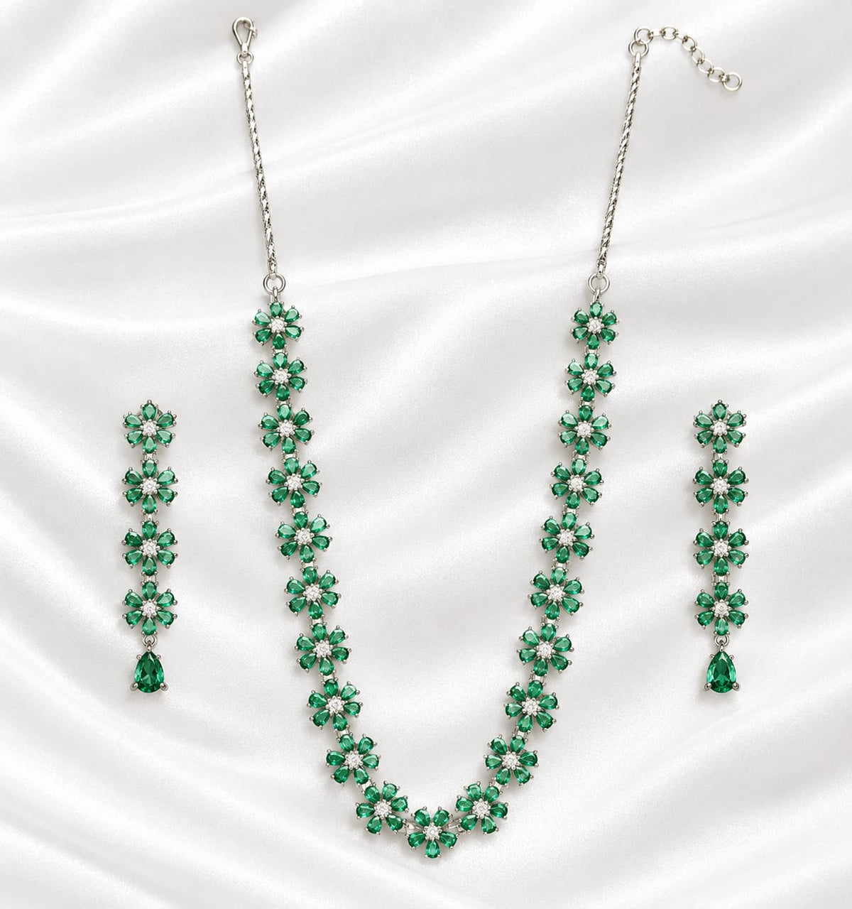 Elegant Silver-Tone Green Floral Crystal Necklace and Earrings Set