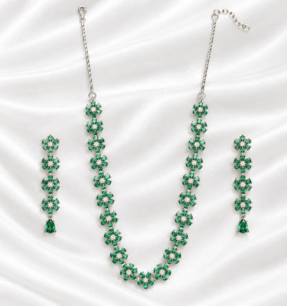 Elegant Silver-Tone Green Floral Crystal Necklace and Earrings Set