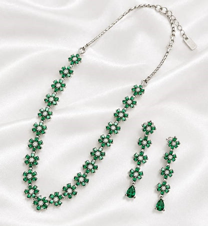 Elegant Silver-Tone Green Floral Crystal Necklace and Earrings Set