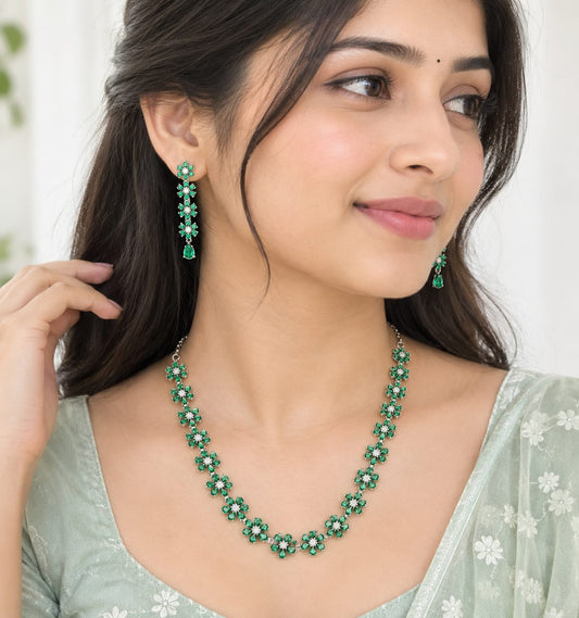 Elegant Silver-Tone Green Floral Crystal Necklace and Earrings Set