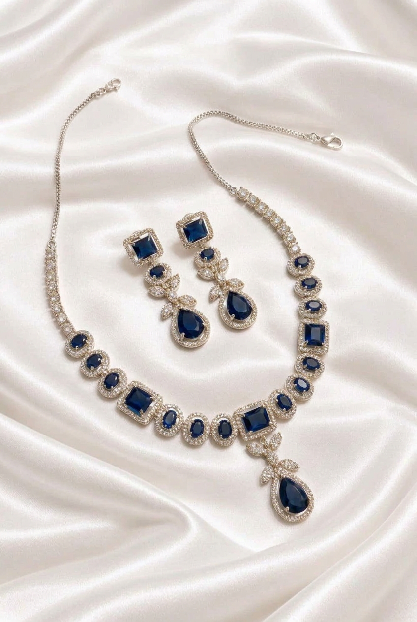 Royal Blue Elegance: Silver-Tone CZ & Sapphire-Style Crystal Necklace and Earring Set