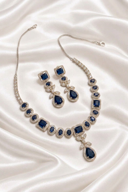 Royal Blue Elegance: Silver-Tone CZ & Sapphire-Style Crystal Necklace and Earring Set