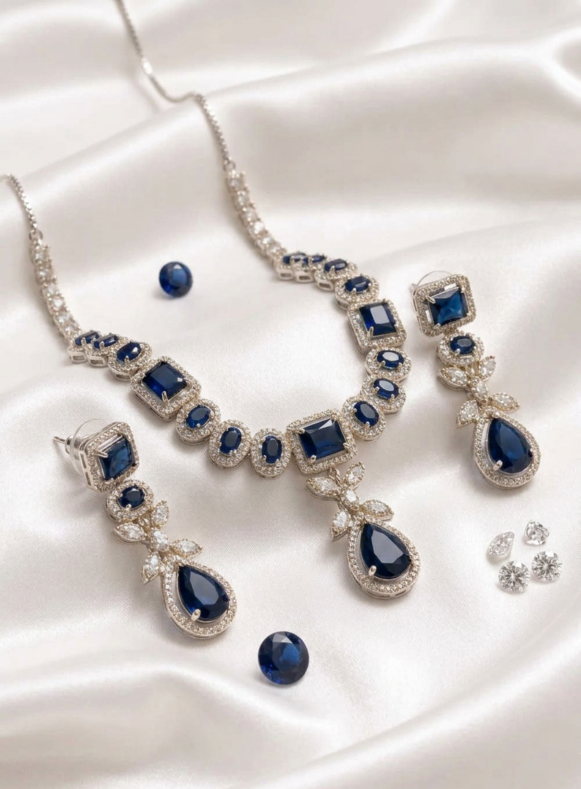 Royal Blue Elegance: Silver-Tone CZ & Sapphire-Style Crystal Necklace and Earring Set