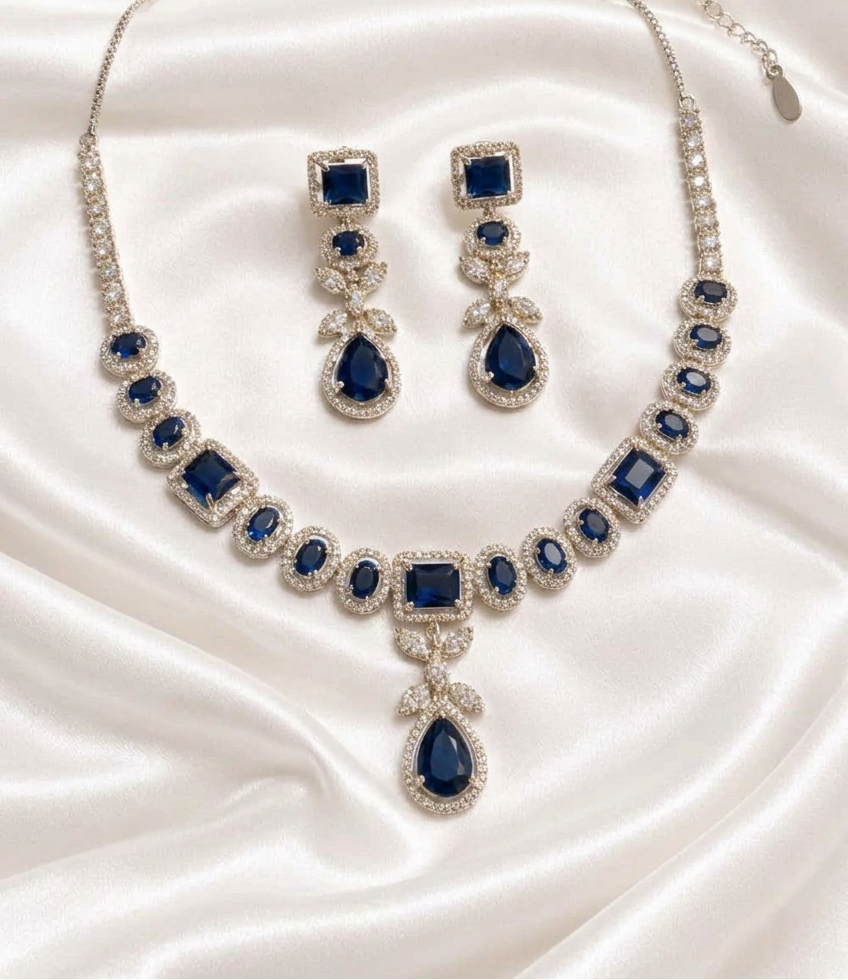 Royal Blue Elegance: Silver-Tone CZ & Sapphire-Style Crystal Necklace and Earring Set