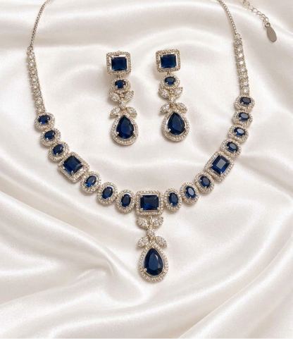 Royal Blue Elegance: Silver-Tone CZ & Sapphire-Style Crystal Necklace and Earring Set