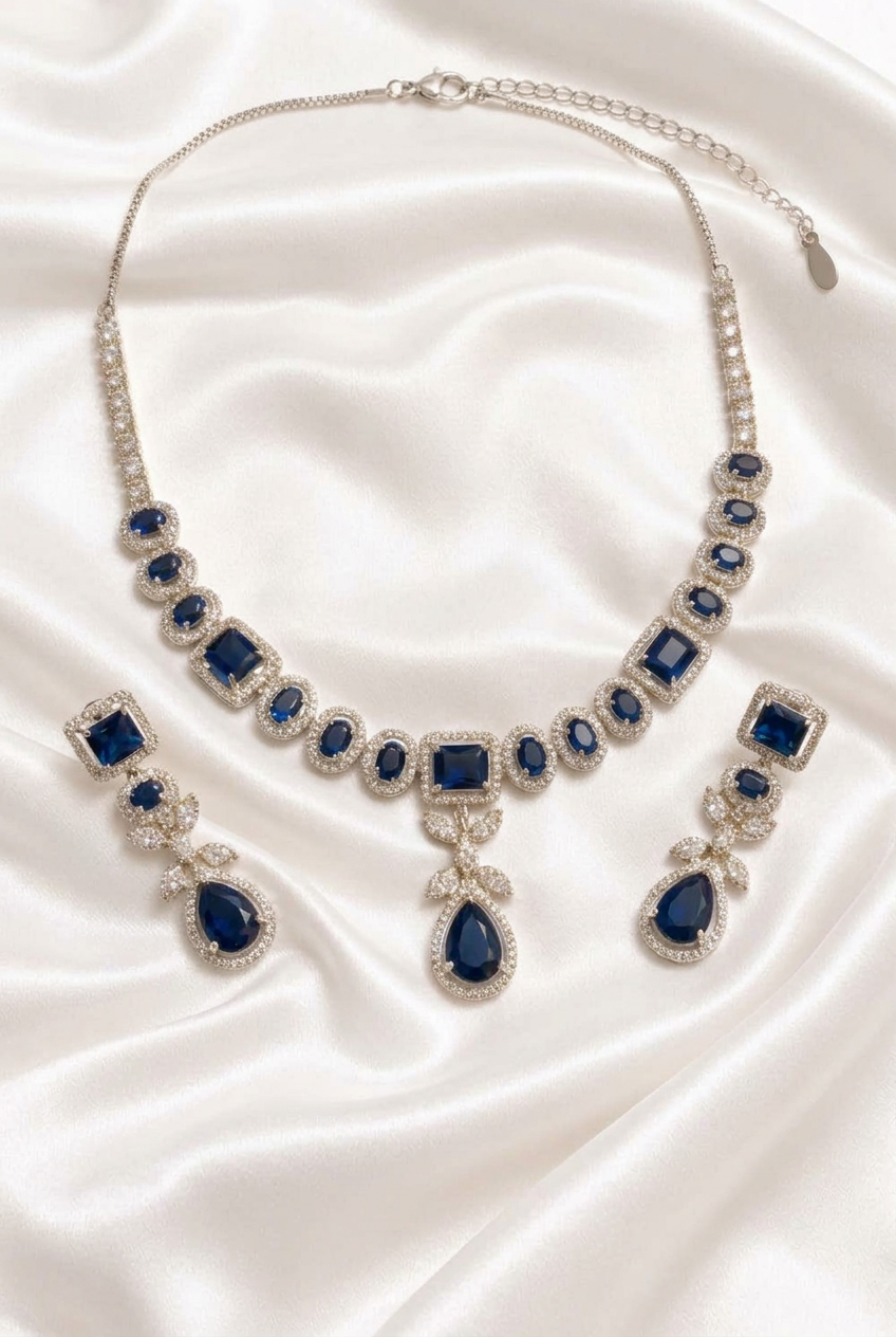 Royal Blue Elegance: Silver-Tone CZ & Sapphire-Style Crystal Necklace and Earring Set