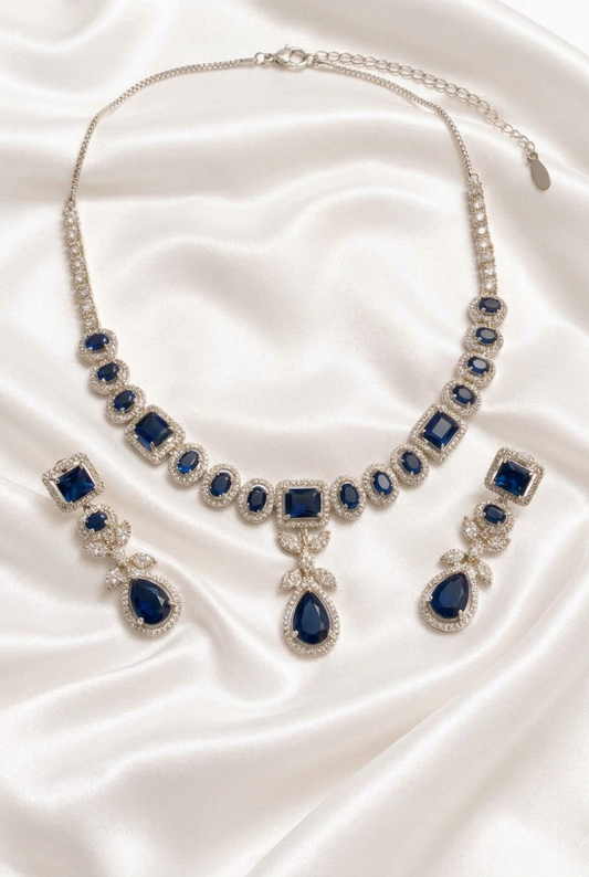 Royal Blue Elegance: Silver-Tone CZ & Sapphire-Style Crystal Necklace and Earring Set