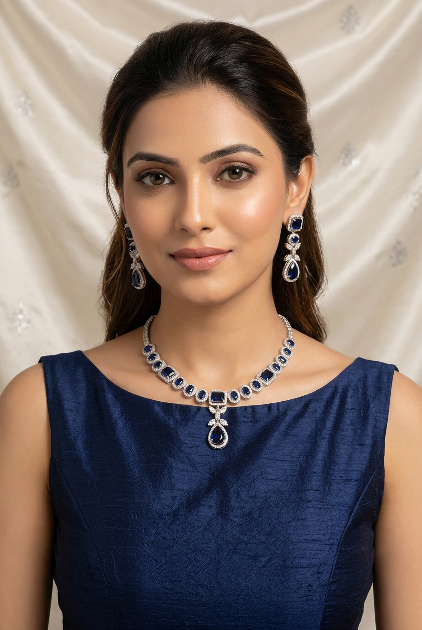 Royal Blue Elegance: Silver-Tone CZ & Sapphire-Style Crystal Necklace and Earring Set