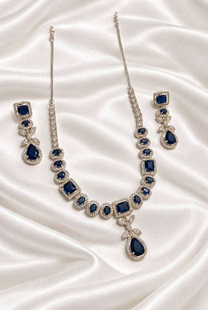 Royal Blue Elegance: Silver-Tone CZ & Sapphire-Style Crystal Necklace and Earring Set