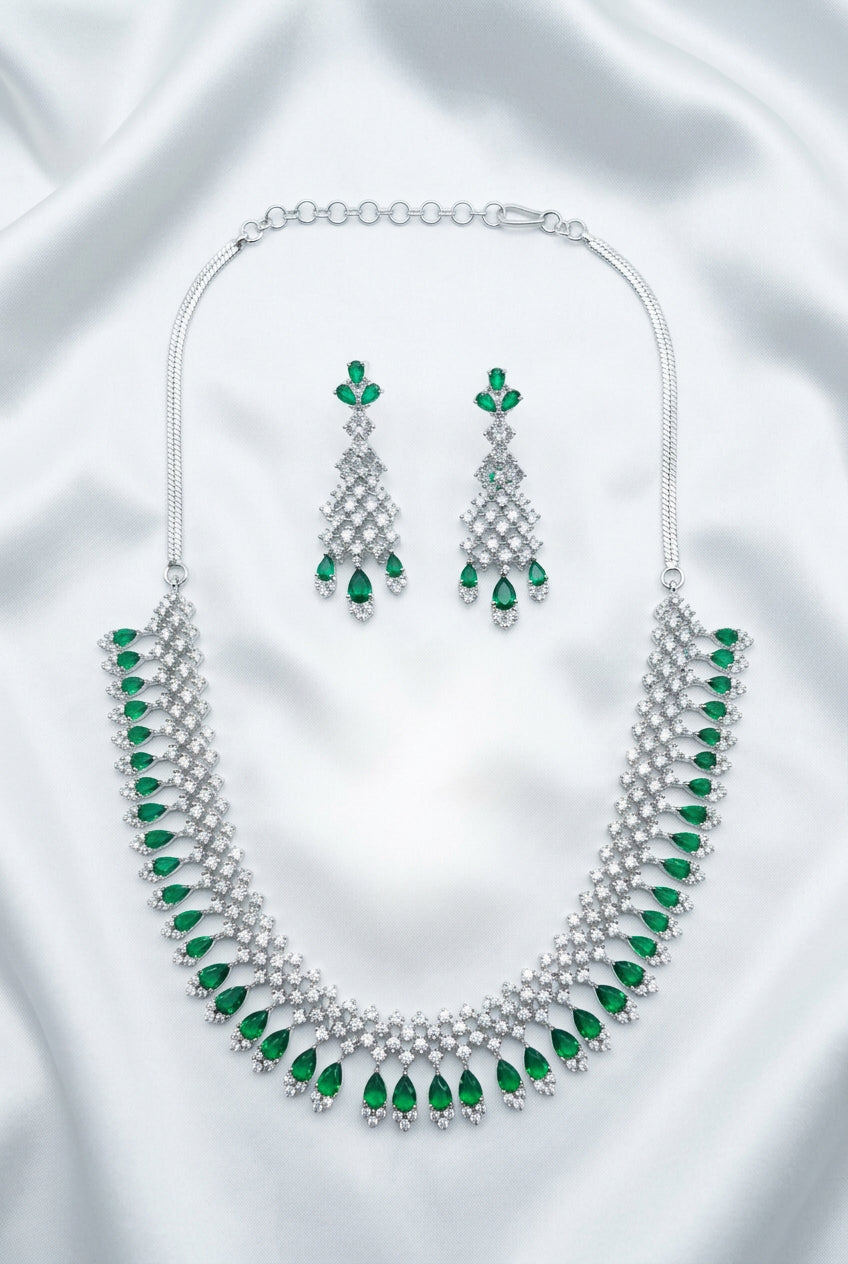 Regal Emerald Green & Silver CZ Chandelier Necklace Set