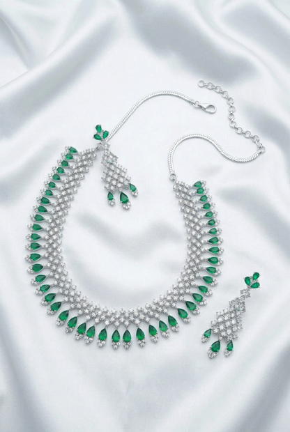 Regal Emerald Green & Silver CZ Chandelier Necklace Set