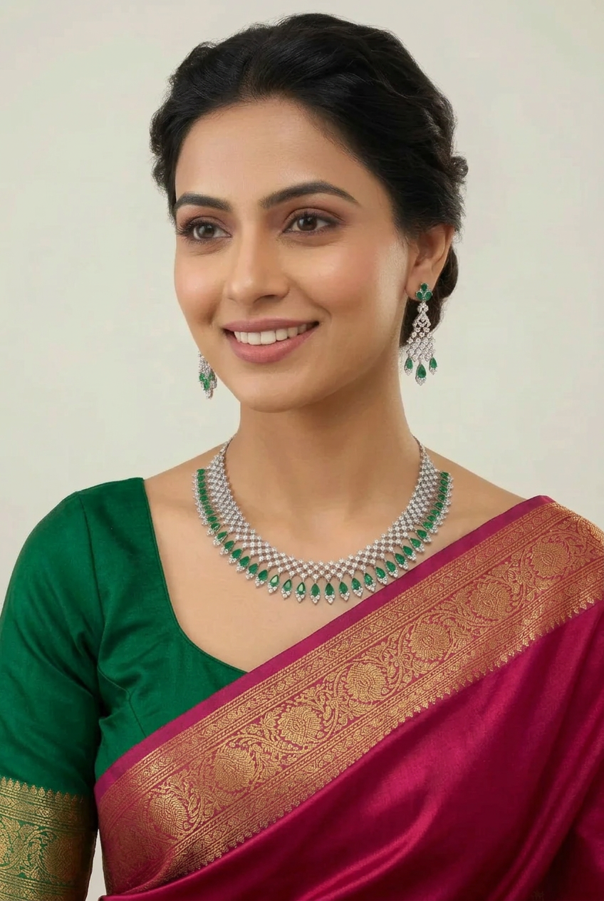 Regal Emerald Green & Silver CZ Chandelier Necklace Set