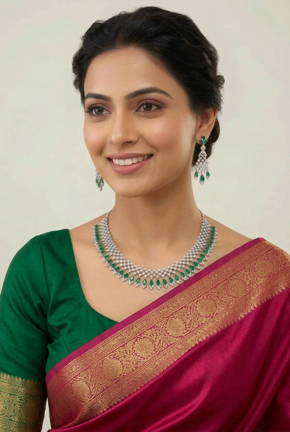 Regal Emerald Green & Silver CZ Chandelier Necklace Set
