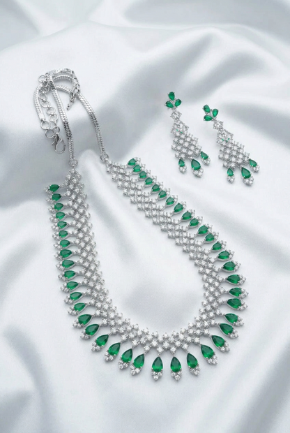 Regal Emerald Green & Silver CZ Chandelier Necklace Set