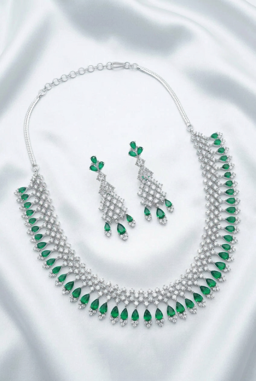 Regal Emerald Green & Silver CZ Chandelier Necklace Set