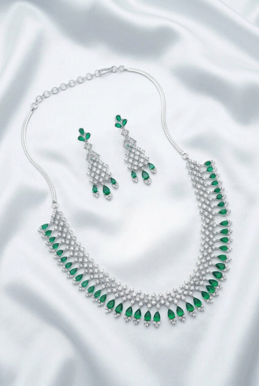 Regal Emerald Green & Silver CZ Chandelier Necklace Set