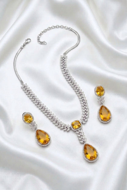 Radiant Yellow Topaz / Citrine Style CZ Necklace & Drop Earring Set