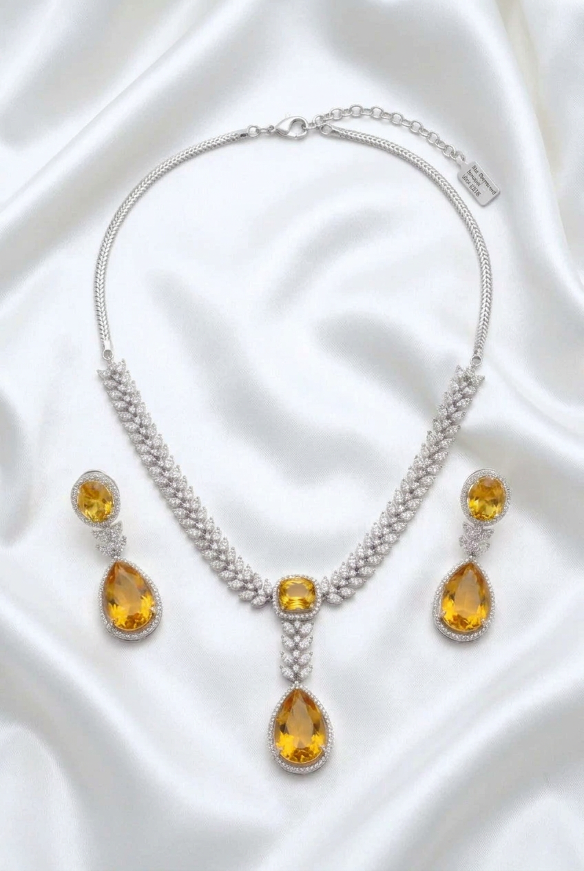 Radiant Yellow Topaz / Citrine Style CZ Necklace & Drop Earring Set