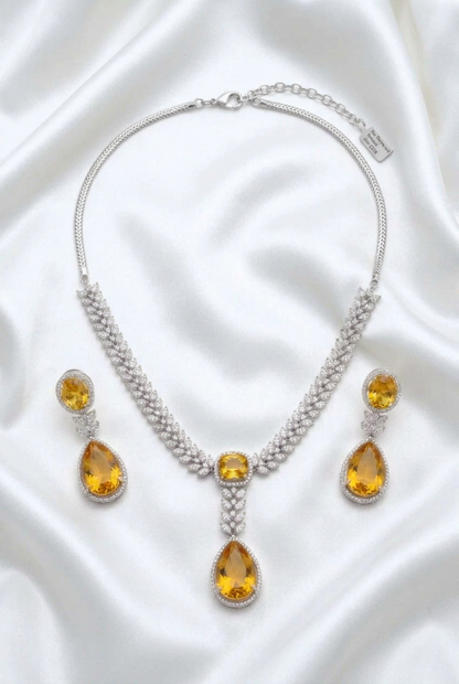 Radiant Yellow Topaz / Citrine Style CZ Necklace & Drop Earring Set