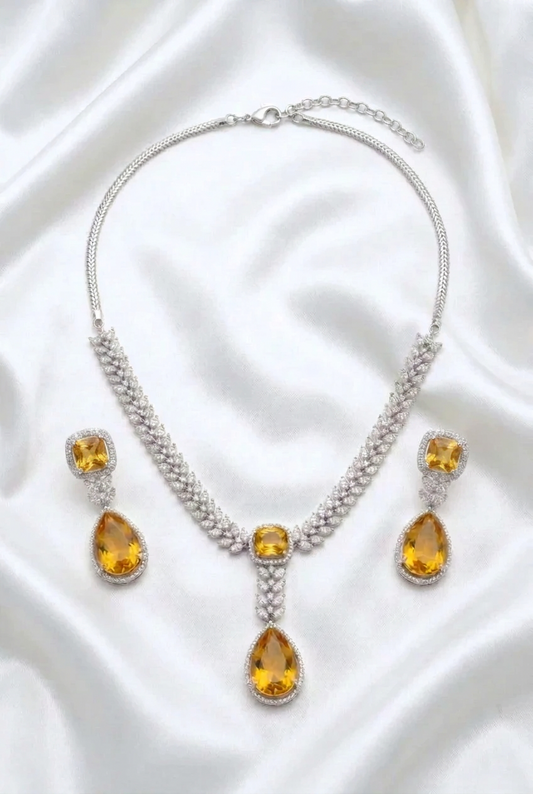 Radiant Yellow Topaz / Citrine Style CZ Necklace & Drop Earring Set