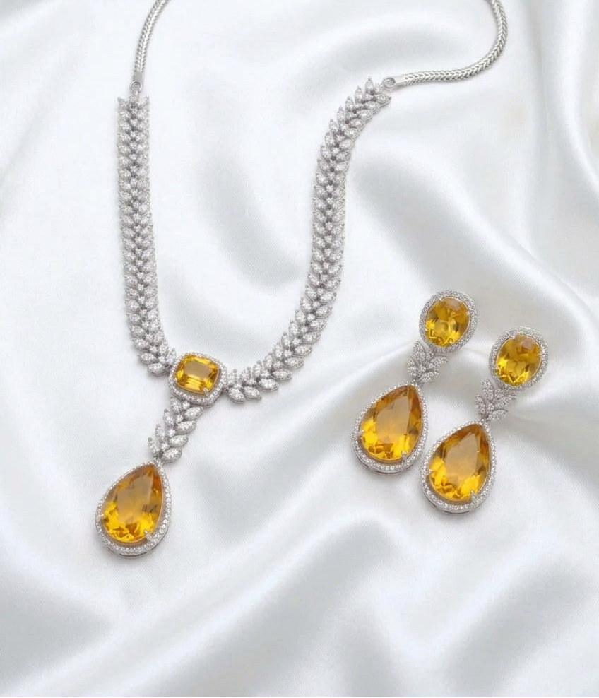 Radiant Yellow Topaz / Citrine Style CZ Necklace & Drop Earring Set