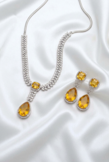 Radiant Yellow Topaz / Citrine Style CZ Necklace & Drop Earring Set
