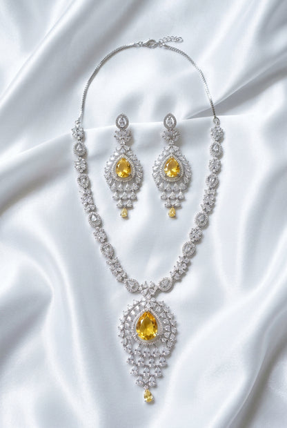 Luminous Yellow Citrine Teardrop CZ Silver-Plated Statement Necklace and Earrings Set