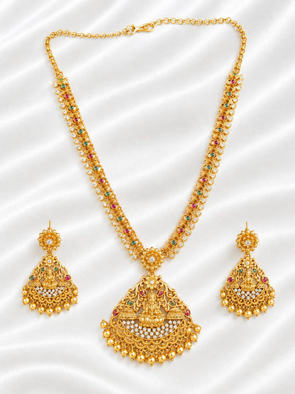 Gold-Plated Temple Lakshmi Long Haram Necklace Set with Ruby, Emerald & CZ Stones and Matching Drop Earrings