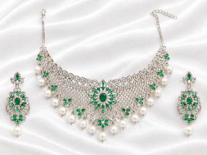 Emerald Green & Silver-Plated Broad Choker Necklace Set with Floral Motifs, Cubic Zirconia Pave and Pearl Drops