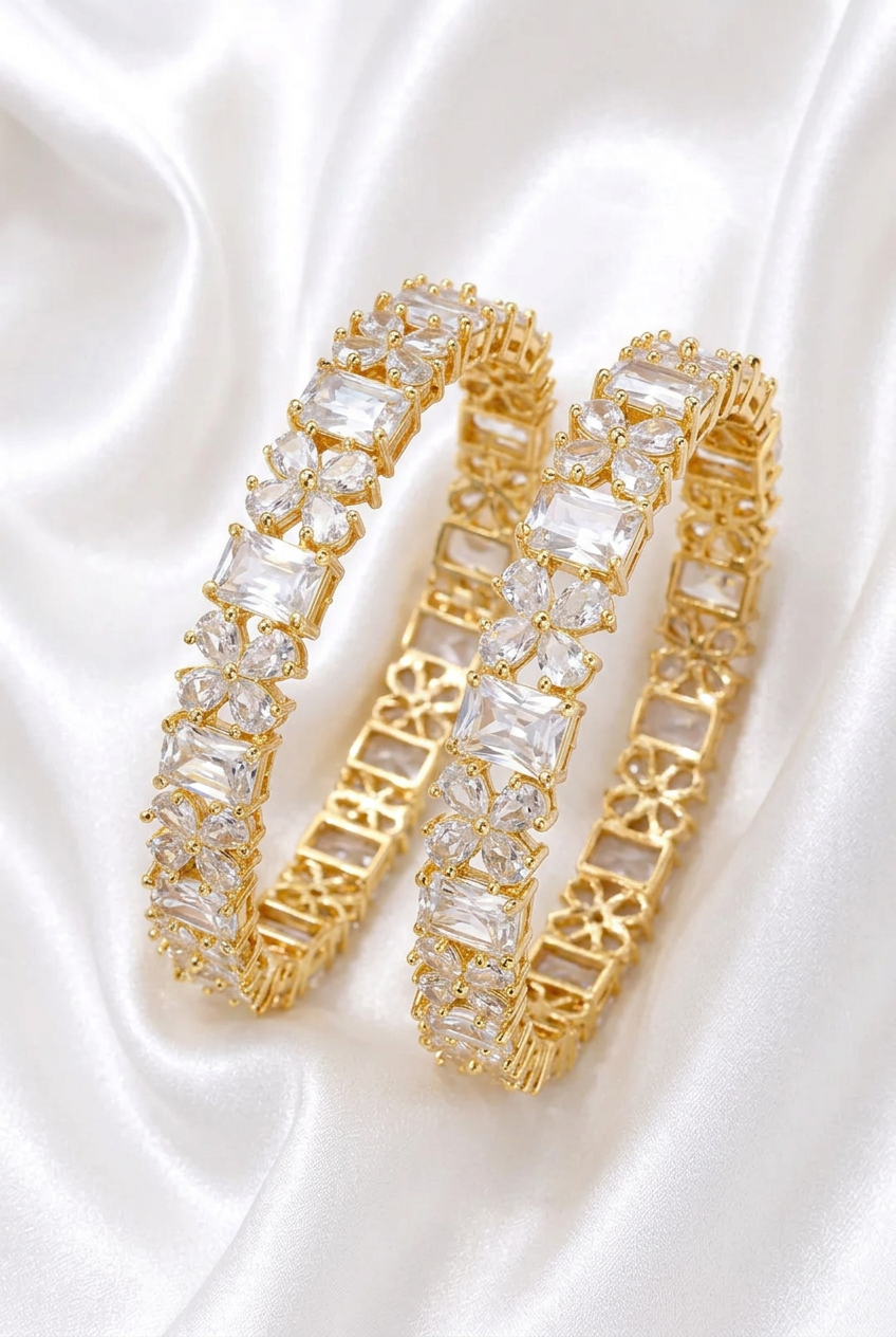 Gold-Plated Cubic Zirconia Flower & Solitaire Bangle Set