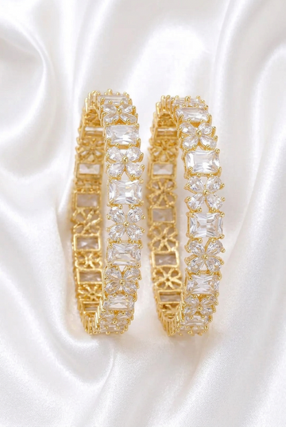 Gold-Plated Cubic Zirconia Flower & Solitaire Bangle Set