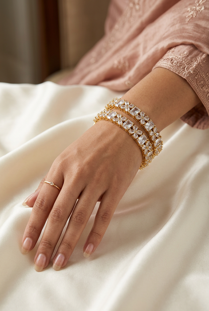 Gold-Plated Cubic Zirconia Flower & Solitaire Bangle Set