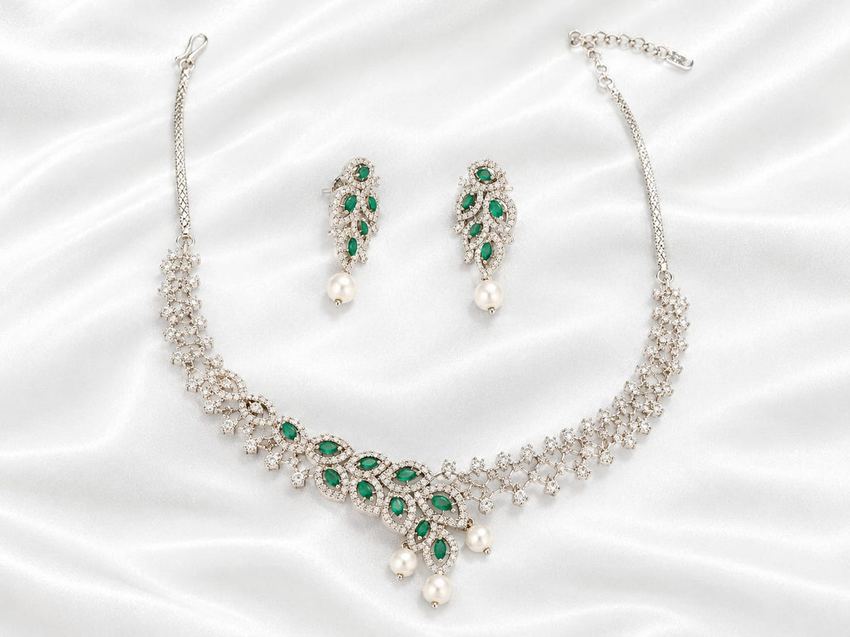 Emerald Green & Silver-Plated Cubic Zirconia Asymmetrical Collar Necklace Set with Pearl Drops and Matching Earrings