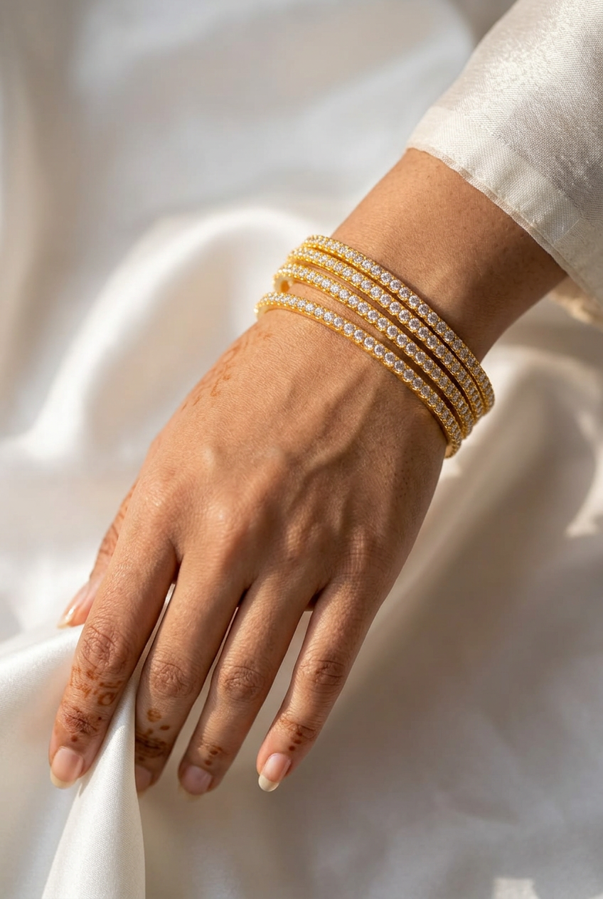 Gold Plated Cubic Zirconia / CZ Solitaire Bangle Set Classic Single-Line Diamond Look Fixed Bangles  (Set of 4)