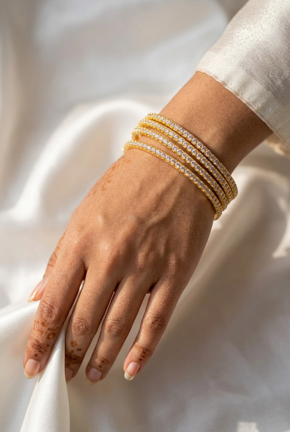 Gold Plated Cubic Zirconia / CZ Solitaire Bangle Set Classic Single-Line Diamond Look Fixed Bangles  (Set of 4)