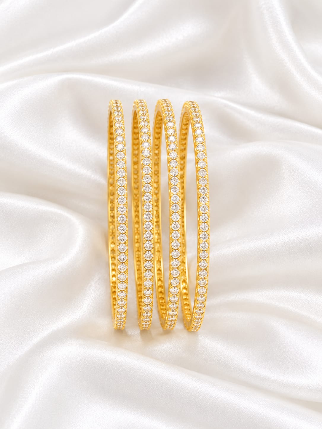 Gold Plated Cubic Zirconia / CZ Solitaire Bangle Set Classic Single-Line Diamond Look Fixed Bangles  (Set of 4)