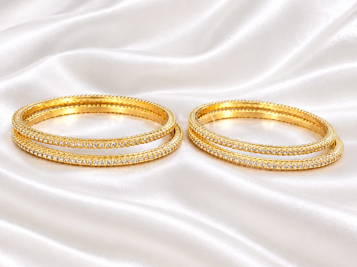 Gold Plated Cubic Zirconia / CZ Solitaire Bangle Set Classic Single-Line Diamond Look Fixed Bangles  (Set of 4)