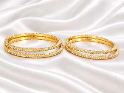 Gold Plated Cubic Zirconia / CZ Solitaire Bangle Set Classic Single-Line Diamond Look Fixed Bangles  (Set of 4)