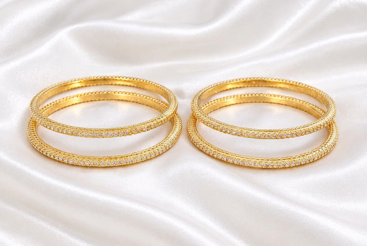 Gold Plated Cubic Zirconia / CZ Solitaire Bangle Set Classic Single-Line Diamond Look Fixed Bangles  (Set of 4)