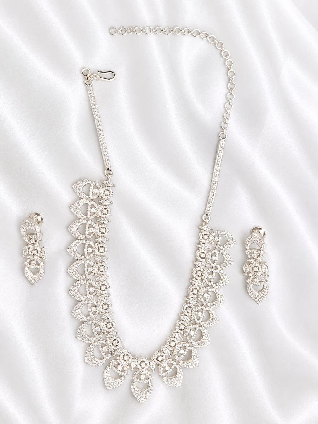 Silver-Tone CZ Stone  Necklace Set with Matching Earrings