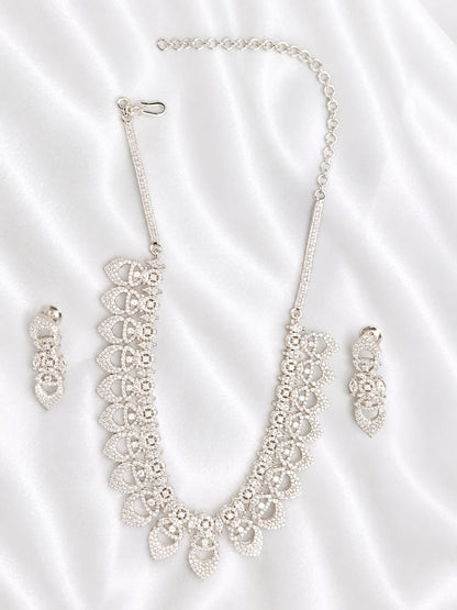 Silver-Tone CZ Stone  Necklace Set with Matching Earrings